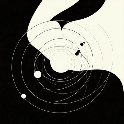 The primary subject of the image is a black and white illustration of a solar system. The setting is a black background, and the visual style is a combination of digital art and illustration. The image features a variety of planets and orbits, creating a dynamic and detailed representation of the solar system. The overall atmosphere is one of intrigue and fascination, as the viewer is drawn into the intricate patterns and shapes of the celestial bodies.